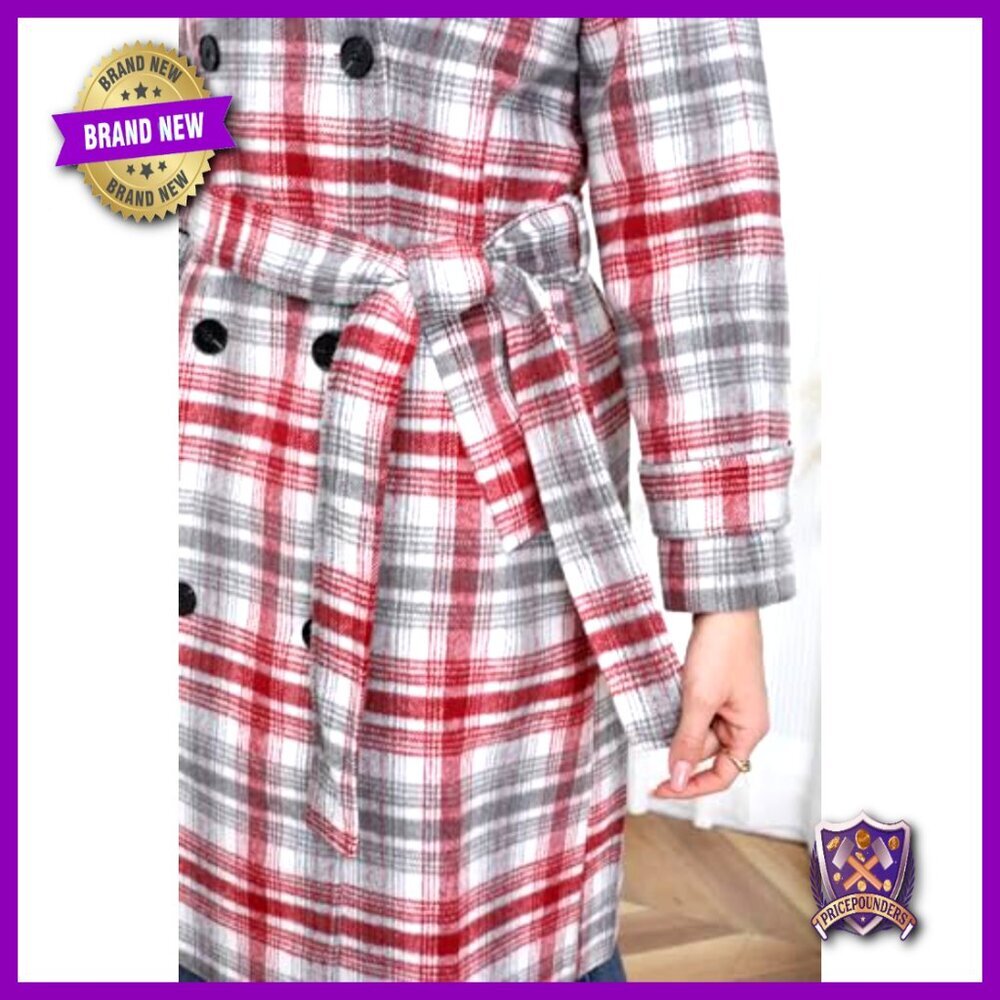 Long Wool Plaid Pea Coat Double Breast Trench Overcoat with Belt Elegant - Picture 5 of 7